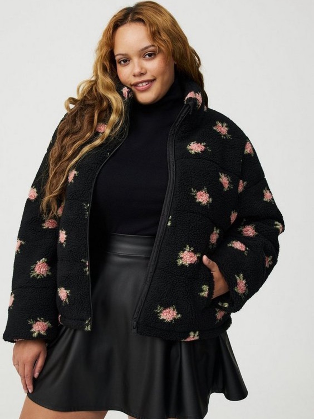 Torrid Sherpa Puffer Jacket 2X Black Pink Floral Teddy Fleece Coat